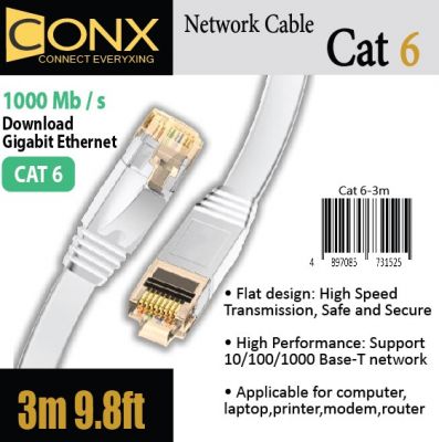 CONX Cat.6 Network 3m Flat Lan Cable White  3米 網絡電線 白色 #4897085731525 [香港行貨]